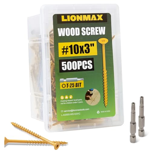 LIONMAX Deck Screws 3 Inch, Wood Screws #10 x 3, 500 PCS, Rust Resistant, Exterior Epoxy Coated, Outdoor Decking Screws, Torx/Star Drive Head Deck Screw, T25 Star Bit Included, Tan
