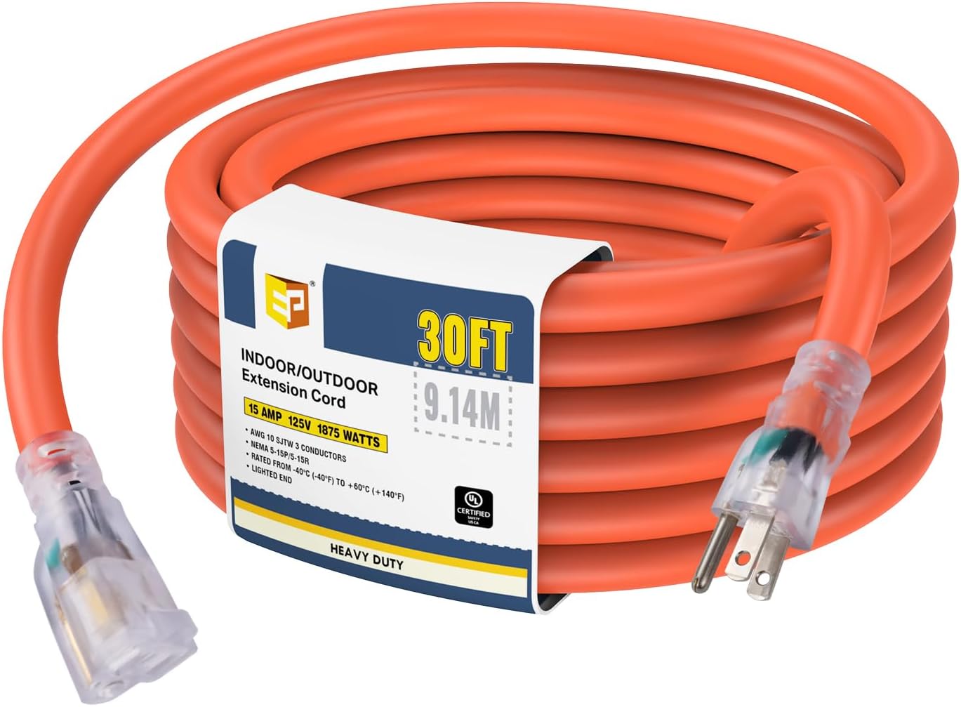 EP 30 Ft Lighted Outdoor Extension Cord - 10/3 SJTW Heavy Duty Orange Extension Cable with 3 Prong Grounded Plug for Safety, UL Listed