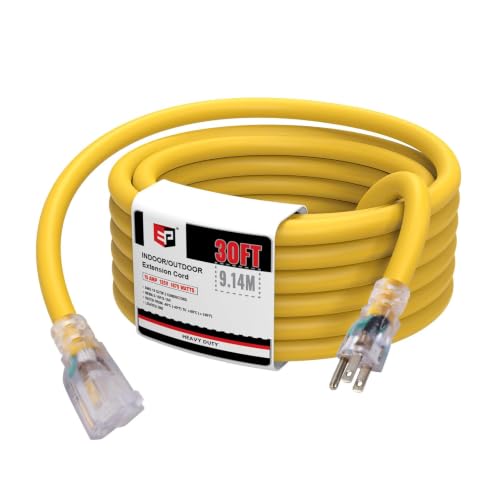 EP 30 Ft Lighted Outdoor Extension Cord - 10/3 SJTW Heavy Duty Yellow Extension Cable with 3 Prong Grounded Plug for Safety, UL Listed