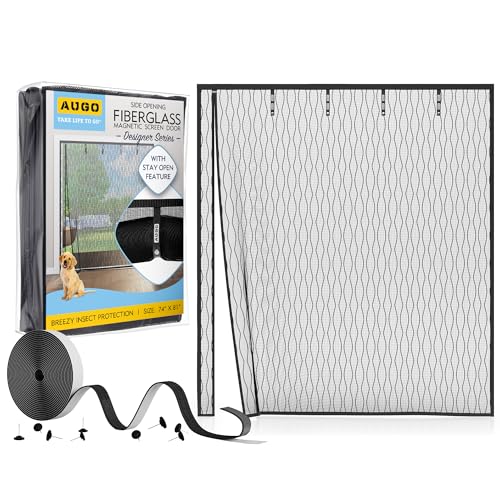 AUGO Fiberglass Magnetic Screen Door Reversible Left Right Side Opening - Self Sealing, Heavy Duty, Hands Free, Keeps Bugs Out - Pet and Kid Friendly - Patent Pending Keep Open Feature  74 x 81