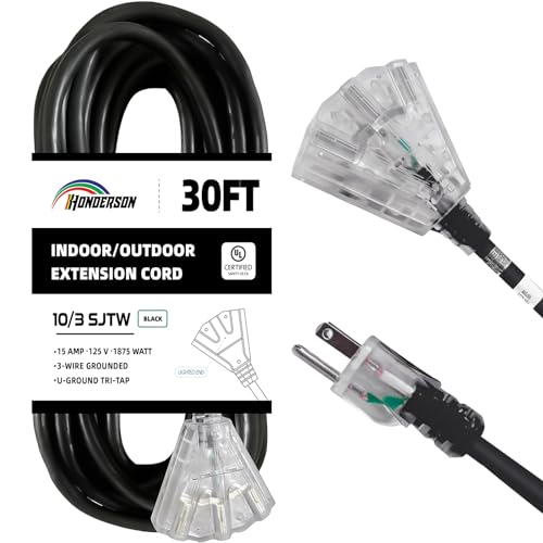 3-Outlets Indoor Outdoor Extension Cord Weatherproof with Lighted End, UL Listed, 10 Gauge 30FT Black 3 Prong Heavy Duty, 10/3 SJTW 15A Power Cord