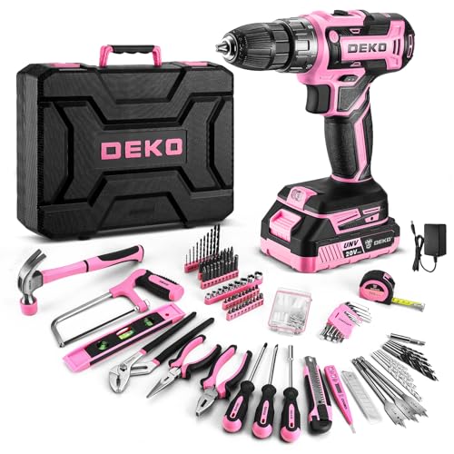 DEKOPRO Pink Drill Tool Kit Set: 20V Cordless Power Drill Tool Box with Battery Electric Drill Driver for Men Home Hand Repair Basic Toolbox Tools Sets Drills Case, DKMT186-GP