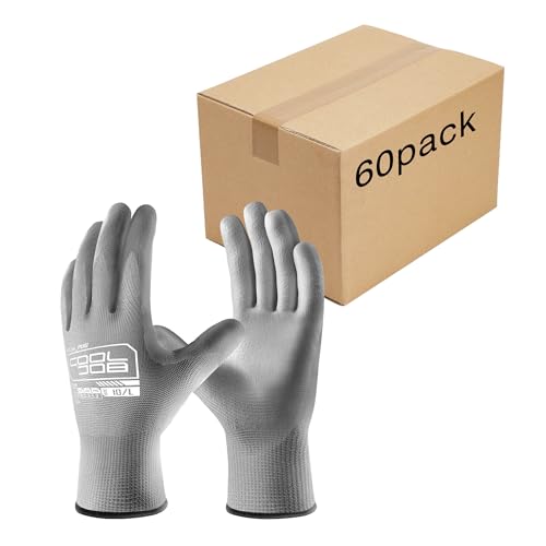 COOLJOB 60 Pairs Safety Work Gloves Pack Bulk with Grip PU Coating, 13 Gauge Seamless Knit Gloves with Polyurethane Dipped for Warehouse Working, Breathable Lightweight for Men Women, Grey Medium