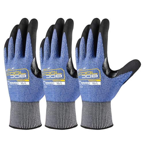 COOLJOB 1/3 Pairs A9 Cut Resistant Fishing Gloves, Highest Cut Proof Level with Grip Nitrile Coated, Touchscreen, Ultra Soft, Safety Work Gloves for Carpenter, Sheet metal, Glass Handling, Blue Large