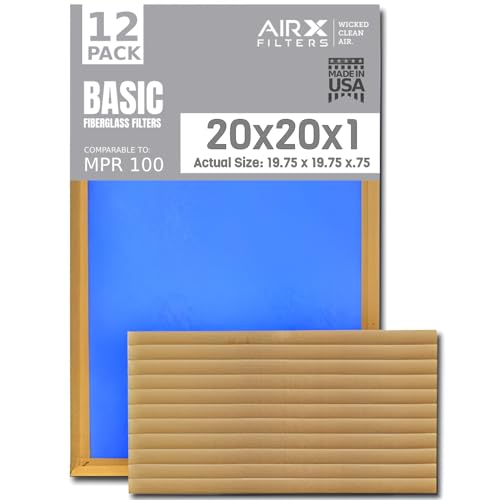 20x20x1 Air Filter Comparable to MPR 100 Basic Economy Furnace Filters, 12 Pack of Non Pleated Fiberglass Filter For Dust - Low Airflow Restriction! From AIRX FILTERS WICKED CLEAN AIR.