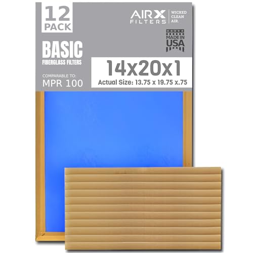 14x20x1 Air Filter Comparable to MPR 100 Basic Economy Furnace Filters, 12 Pack of Non Pleated Fiberglass Filter For Dust - Low Airflow Restriction! From AIRX FILTERS WICKED CLEAN AIR.