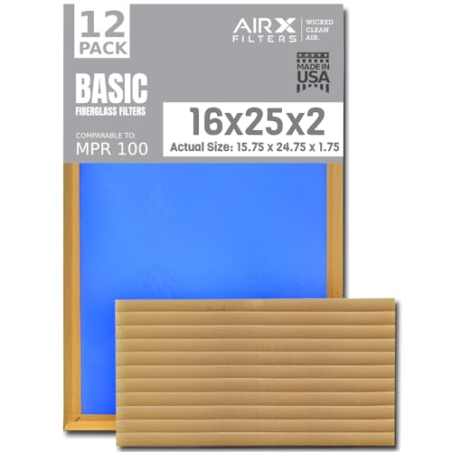 16x25x2 Air Filter Comparable to MPR 100 Basic Economy Furnace Filters, 12 Pack of Non Pleated Fiberglass Filter For Dust - Low Airflow Restriction! From AIRX FILTERS WICKED CLEAN AIR.
