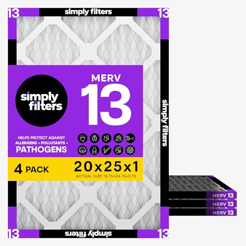 Simply 20x25x1 Air Filter, Merv 13, 4 Pack, For Home AC Furnace & HVAC (Actual Size: 19.75"x24.75"x0.75") DUST, Pet, & Allergy Control