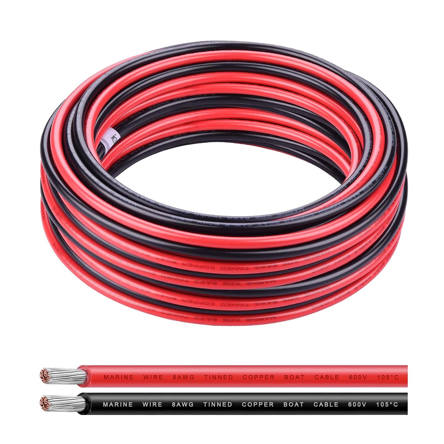 8 Gauge Wire Tinned Copper Electrical Cable, iGreely 8 AWG 2 Single Conductor Insulated Stranded Wire for Marine Solar Panel Car Auto Speaker,Low Voltage Wire for LED Lighting-30Ft Black& 30Ft Red