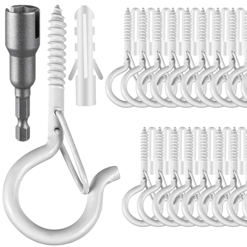 100 Pcs Screw-in Hooks for Outdoor String Lights, Q Hangers Hooks for Outside, Swivel Hanging Basket Patio Hook with Safe Buckle, Screw in Plant Eye Hook for Wall Ceiling with 1 Wing Nut Driver, White