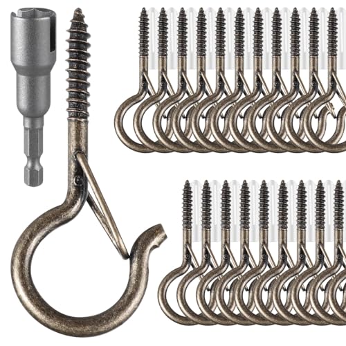 100 Pcs Screw-in Hooks for Outdoor String Lights, Q Hangers Hooks for Outside, Swivel Hanging Basket Patio Hook with Safe Buckle, Screw in Plant Eye Hook for Wall Ceiling with 1 Wing Nut Driver,Copper