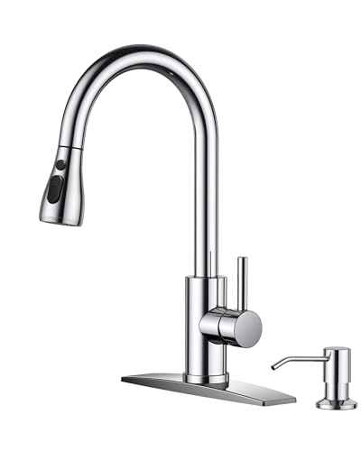 FORIOUS Kitchen Faucet with Soap Dispenser Chrome, Single Handle Stainless Steel Transitional Sink Faucet with Pull Down Sprayer 1 or 3 Hole, Suitable for Farmhouse Laundry Camper RV Bar
