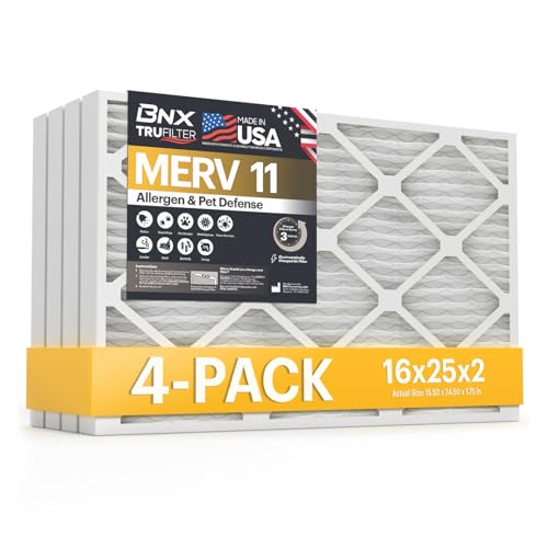 BNX TruFilter 16x25x2 Air Filter MERV 11 (4-Pack) - MADE IN USA - Allergen Defense Electrostatic Pleated Air Conditioner HVAC AC Furnace Filters for Allergies, Dust, Pet, Smoke, Allergy MPR 1200 FPR 7
