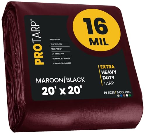 PROTARP Extra Heavy Duty 16 Mil Tarp Cover, Waterproof, UV Resistant, Rip and Tear Proof, Poly Tarpaulin with Reinforced Edges for Roof, Camping, Patio, Pool, Boat. (Maroon/Black 20 X 20)
