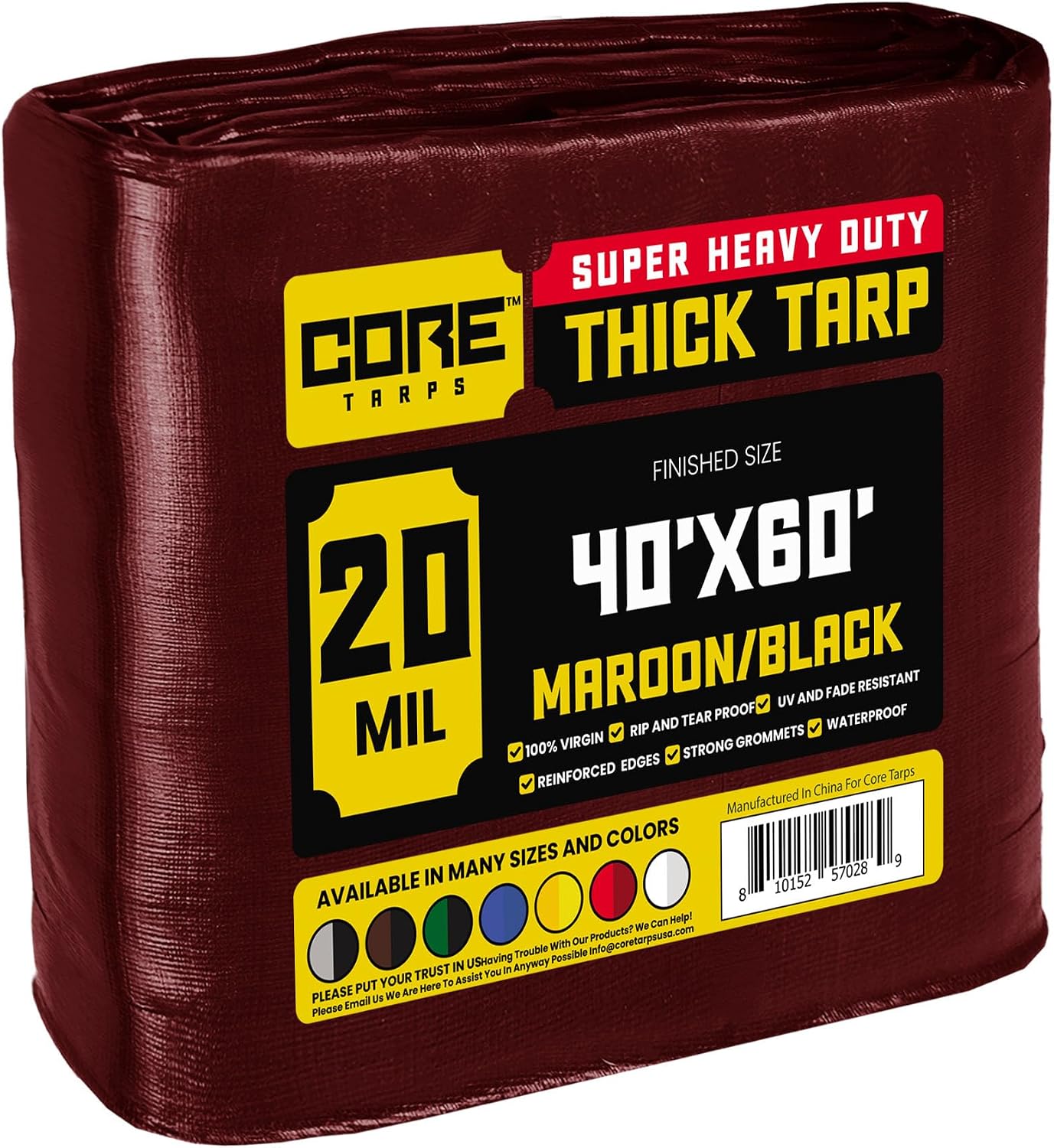 Core Tarps Extreme Heavy Duty 20 Mil Tarp Cover, Waterproof, UV Resistant, Rip and Tear Proof, Poly Tarpaulin with Reinforced Edges for Roof, Camping, Patio, Pool, Boat (Maroon/Black 40 X 60)