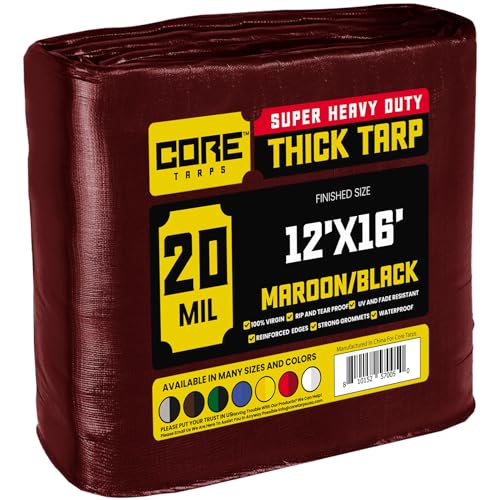 Core Tarps Extreme Heavy Duty 20 Mil Tarp Cover, Waterproof, UV Resistant, Rip and Tear Proof, Poly Tarpaulin with Reinforced Edges for Roof, Camping, Patio, Pool, Boat (Maroon/Black 12 X 16)
