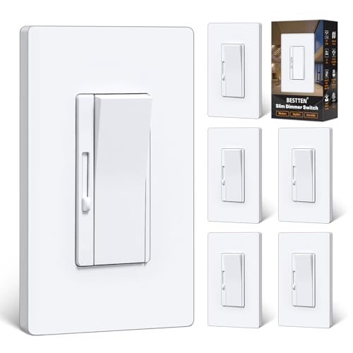 BESTTEN Super Slim Dimmer Light Switch, Quiet Rocker, Single Pole or 3 Way Dimmable Switch, Max 300W LED, CFL, 600W Incandescent, Screwless Wall Plate Included, ETL Listed, 6 Pack, White