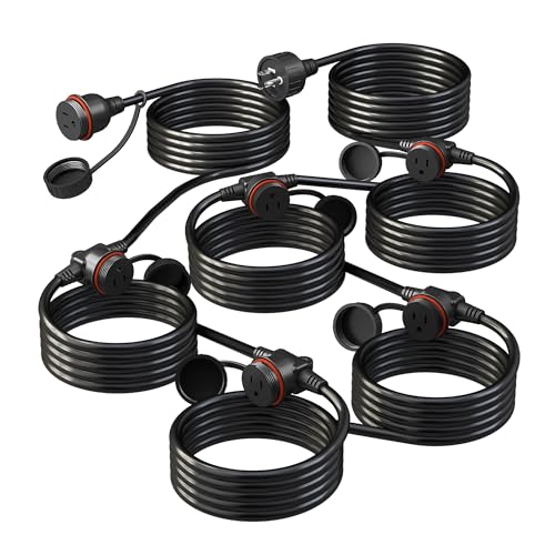 50FT Black Outdoor Extension Cord, Evenly Spaced 6 Outlets Plugs with Waterproof Cover, 16/3 SJTW Weatherproof Multiple Outlets Wire for Holiday Light and Halloween Christmas Decoration, ETL Listed