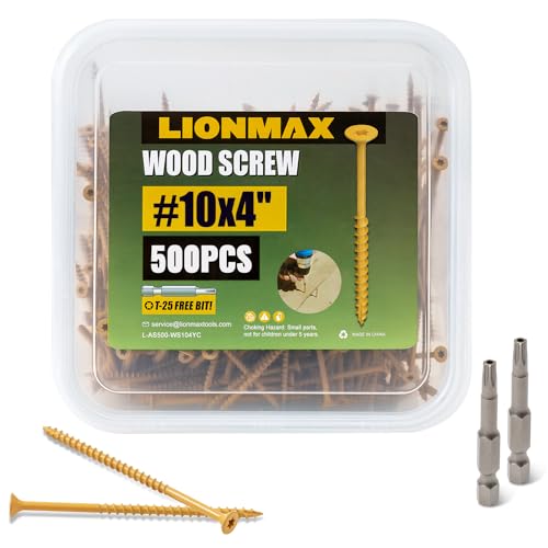 LIONMAX Deck Screws 4 Inch, Wood Screws #10 x 4, 500 PCS, Rust Resistant, Exterior Epoxy Coated, Outdoor Decking Screws, Torx/Star Drive Head Deck Screw, T25 Star Bit Included, Tan