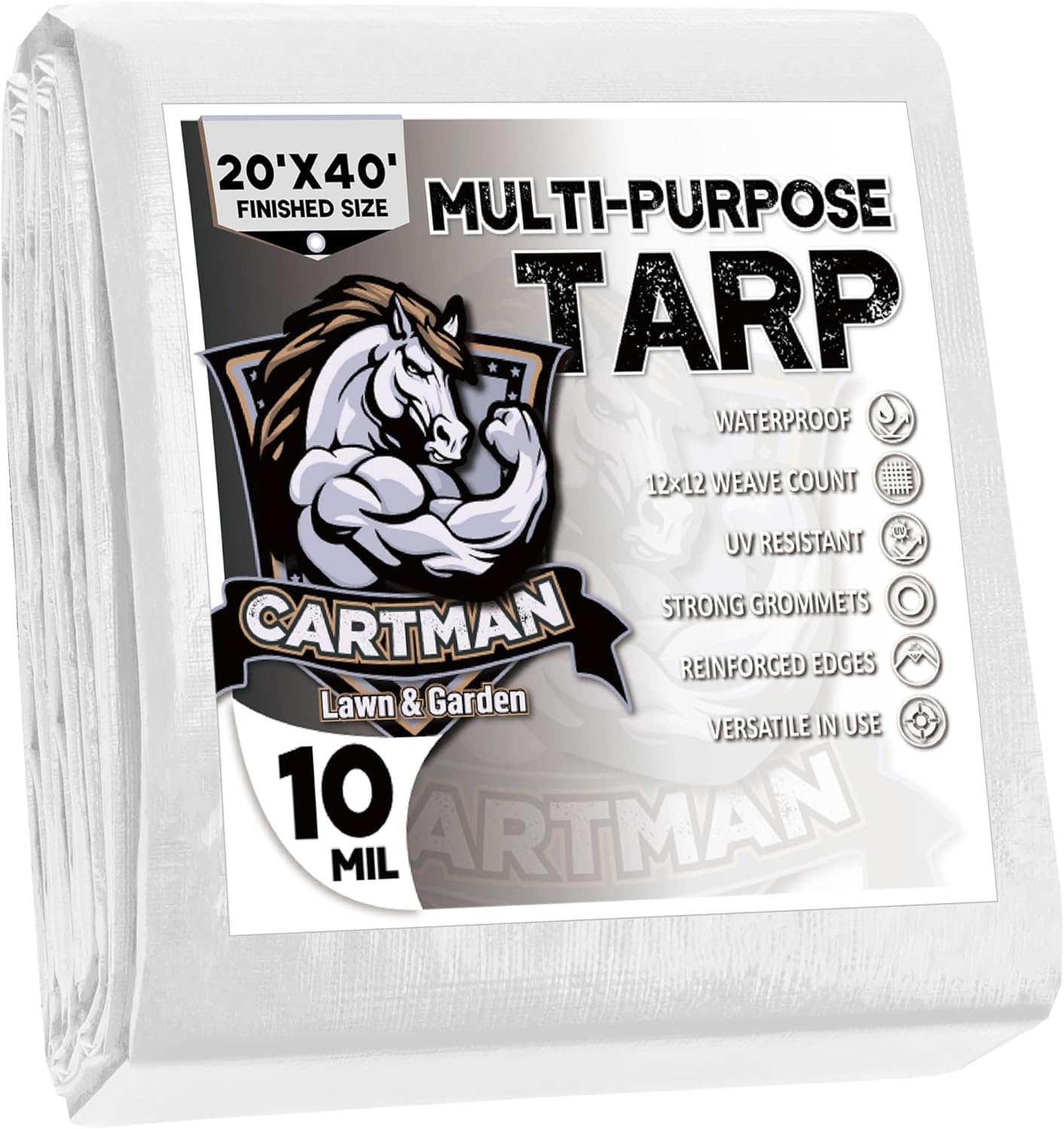 CARTMAN Finished Size 20x40 Feet 10 Mil White Heavy Duty Poly Tarp, Multipurpose Protective Cover, UV Resistant, Waterproof Poly Tarpaulin with Reinforced Edges Tarpaulin with Reinforced Edges