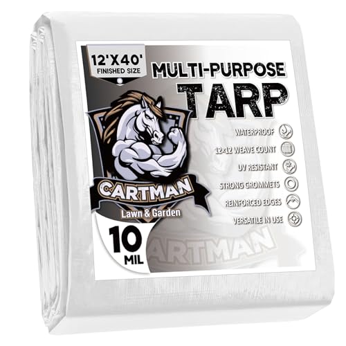 CARTMAN Finished Size 12x40 Feet 10 Mil White Heavy Duty Poly Tarp, Multipurpose Protective Cover, UV Resistant, Waterproof Poly Tarpaulin with Reinforced Edges Tarpaulin with Reinforced Edges