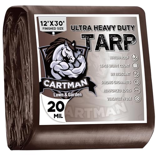 CARTMAN Finished Size 12x30 Feet Extra Thick 20 Mil Brown Ultra Heavy Duty Poly Tarp, Multipurpose Protective Cover, UV Resistant, Waterproof Poly Tarpaulin with Reinforced Edges