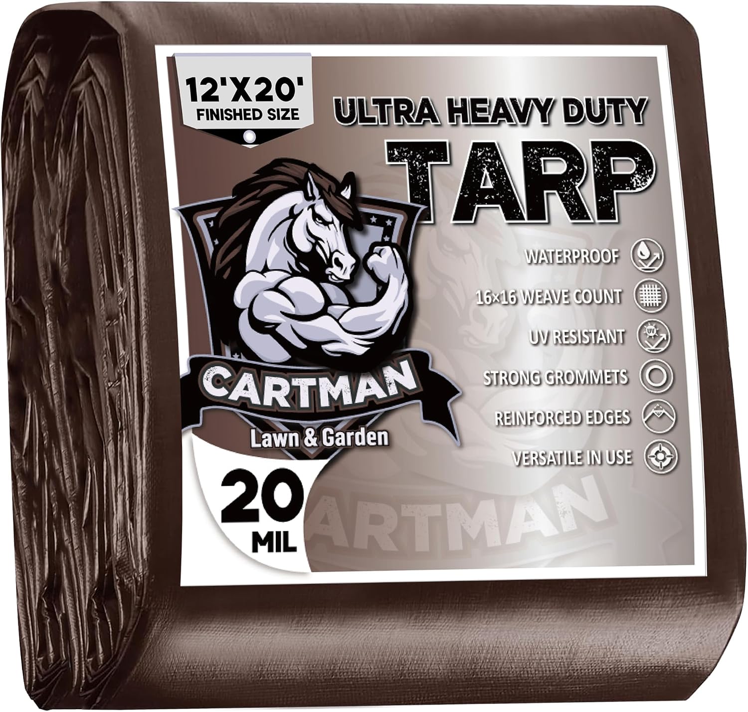 CARTMAN Finished Size 12x20 Feet Extra Thick 20 Mil Brown Ultra Heavy Duty Poly Tarp, Multipurpose Protective Cover, UV Resistant, Waterproof Poly Tarpaulin with Reinforced Edges