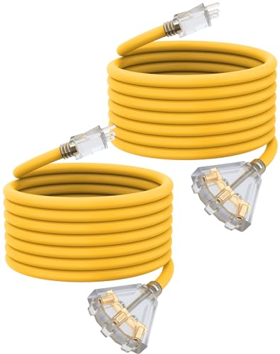 25Ft 12 Gauge Outdoor Extension Cord with 3-Outlets, 2 Pack, Heavy Duty 3 Prong Extension Cord Waterproof with Lighted end, 15A SJTW, ETL Listed, Yellow