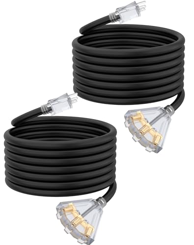 25Ft 12 Gauge Outdoor Extension Cord with 3-Outlets, 2 Pack, Heavy Duty 3 Prong Extension Cord Waterproof with Lighted end, 15A SJTW, ETL Listed, Black