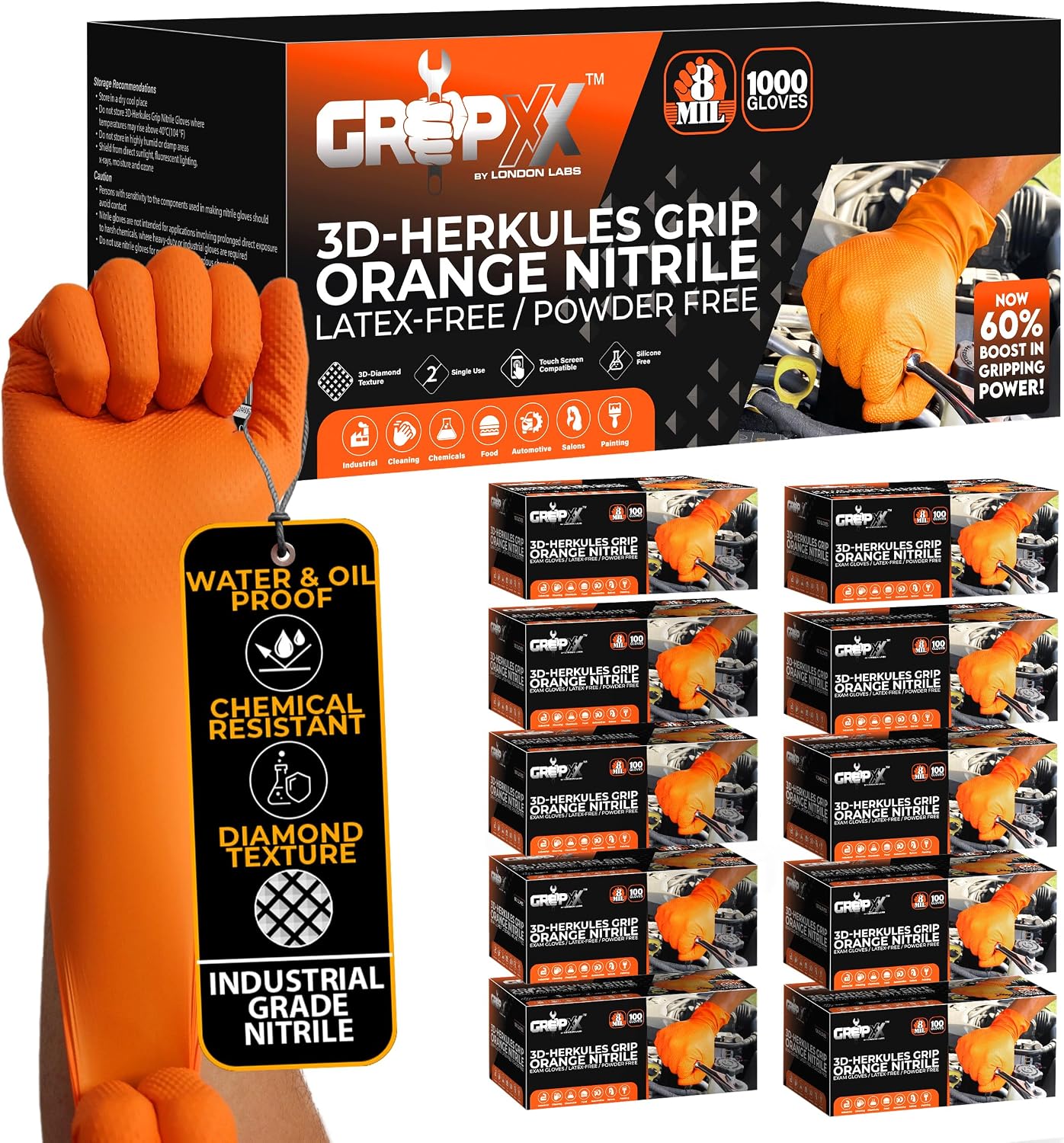 Herkules Grip Heavy Duty 8Mil Orange Nitrile Gloves,3D Raised Diamond Texture-Latex & Powder Free-Industrial, Mechanic (10, Large)