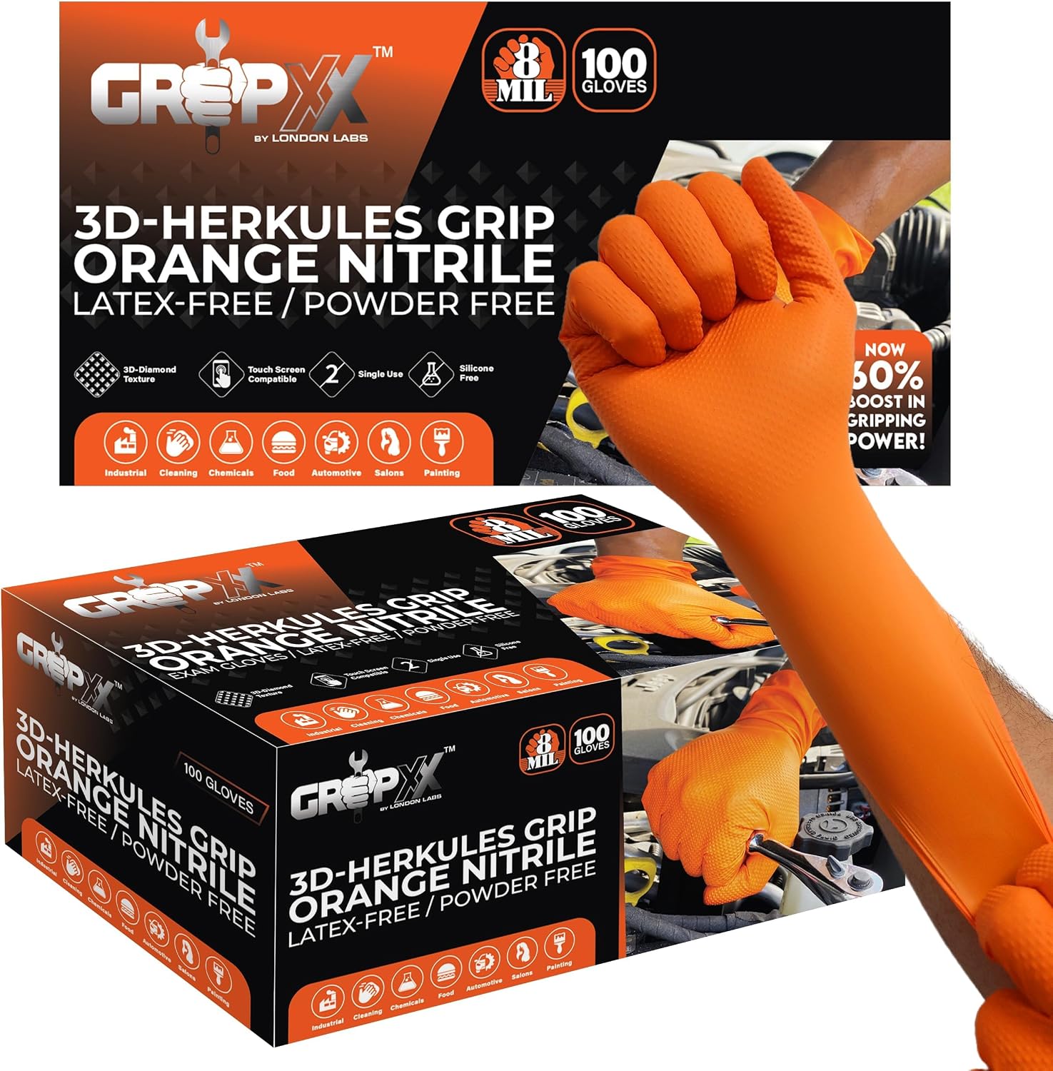 Herkules Grip Heavy Duty 8Mil Orange Nitrile Gloves