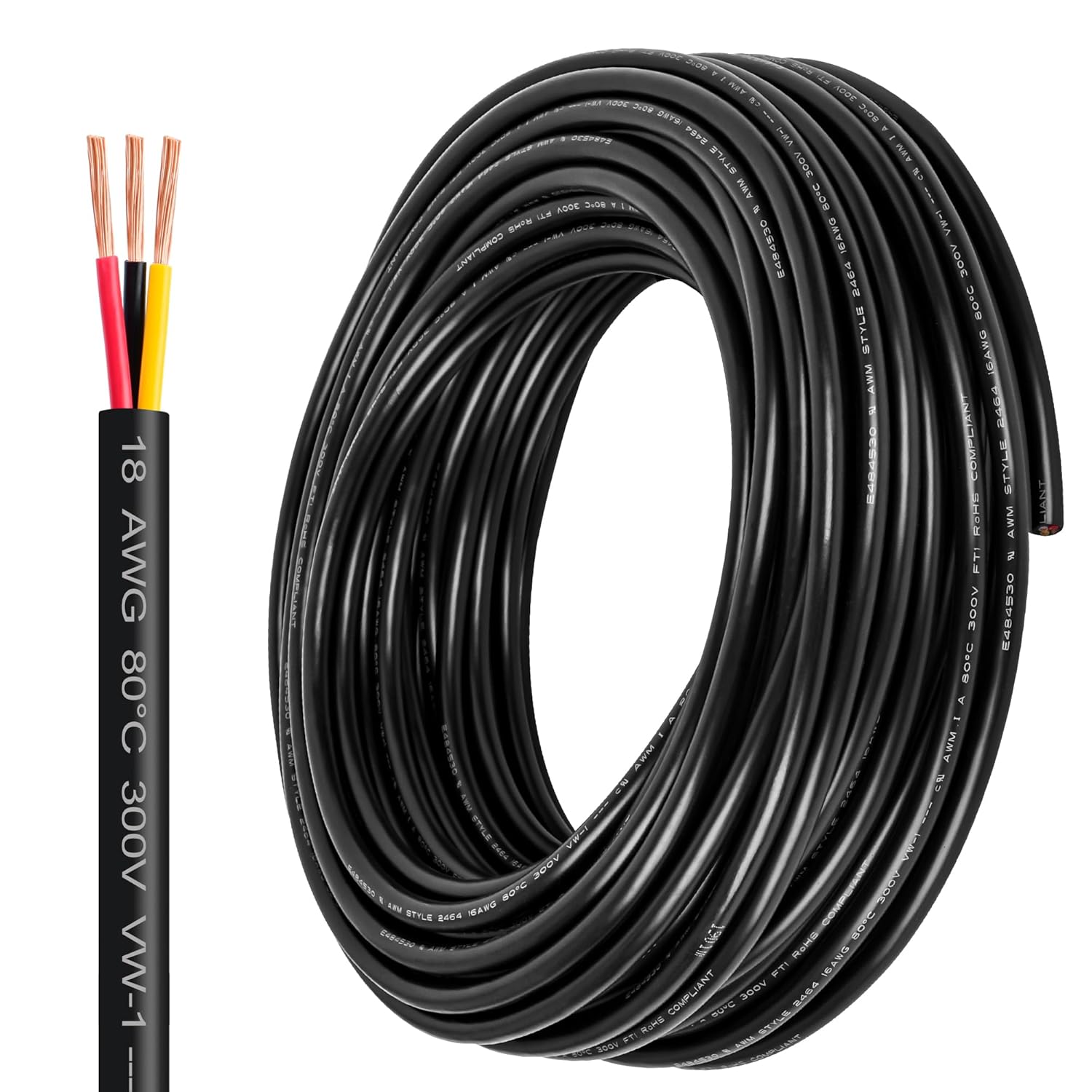18 Gauge Wire 3 Conductor,18 AWG Electrical Wire Stranded PVC Cord Oxygen-Free Copper Cable,200FT 3 Core Pure Copper Flexible Cable Wire for LED Lamp Lighting Strips Automotive (18AWG-3C, 200FT)...