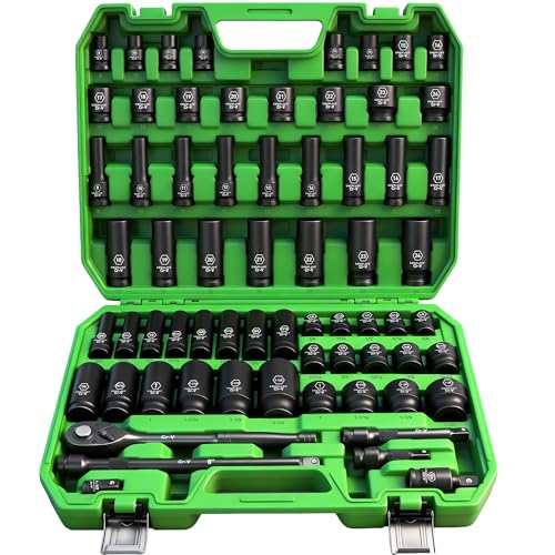 SWANLAKE 1/2" Drive Impact Socket Set, 66-Piece Standard SAE (3/8"-1-1/4") and Metric (8-24mm) Size, 6 Point, Cr-V, 1/2-Inch Drive Ratchet Handle, Extension Bar, Impact Universal Joint