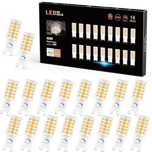 Sailstar G9 LED Bulb Dimmable 40W Equivalent, G9 Bulb 3000K Warm White, 400 Lumens, 360 Beam Angle, No Flicker, 120V, G9 Bi-pin Bulb Ceramic Base, 4W G9 Light Bulbs for Chandeliers, 18 Pack
