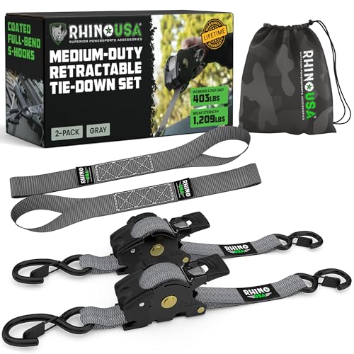Rhino USA Retractable Ratchet Straps (2-Pack) - 1 Inch x 10 Feet (1,209lb Break Strength) - Heavy Duty Auto Self Retracting Tie Down Straps for Truck, Cargo Trailer, Motorcycle, Rad & More - Gray