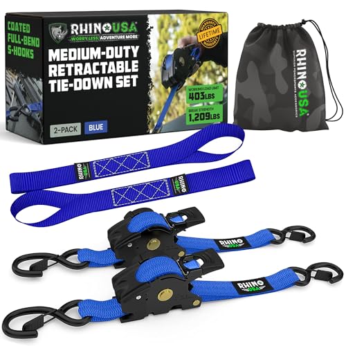 Rhino USA Retractable Ratchet Straps (2-Pack) - 1 Inch x 10 Feet (1,209lb Break Strength) - Heavy Duty Auto Self Retracting Tie Down Straps for Truck, Cargo Trailer, Motorcycle, Rad & More - Blue