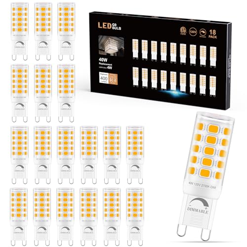 Sailstar G9 LED Bulb Dimmable 2700K Soft Warm White 18 Pack, T4 G9 4W Replacement for 40 Watts Halogen, Ceramic Bi Pin Base, 120V 400 Lumen 360Beam Angle, G9 Light Bulbs for Chandelier