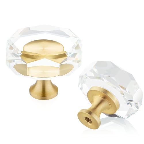 QOGRISUN 20-Pack Brass Crystal Cabinet Knobs, Glass Crystal Gold Drawer Knobs, 1-1/4-Inch Polygon, Decorative Dresser Pulls, Modern Cabinet Hardware