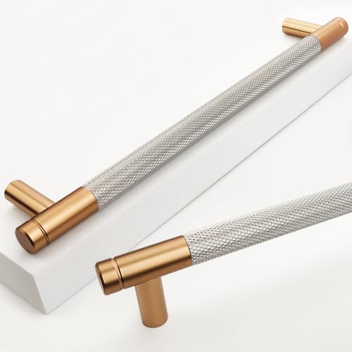 12 Pack 7 1/2 Inch 192 mm Bronze and Nickel Cabinet Handles Cabinet Pulls Aluminum Handles Knurled Drawer Pulls Oxidation Finish with Diamond Pattern 8.6" Length (7.5" Hole Center)