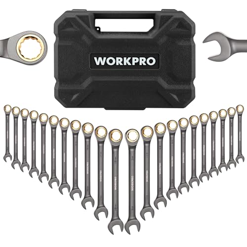 WORKPRO 22-Piece Ratcheting Wrench Set, Ratchet Combination Wrench Sets with Organizer Box, Nickel Plating, 72 Teeth, Metric 6-18mm & SAE 1/4-3/4"