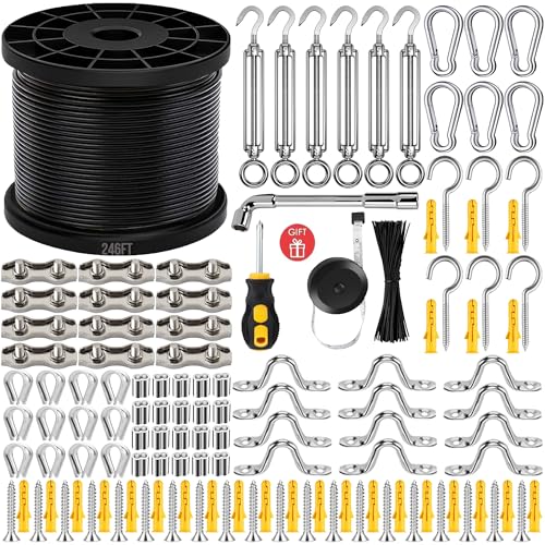 246FT Black Vinyl Coated 304 Stainless Steel Wire Rope Cable Kit  Heavy Duty Outdoor String Light Hanging Guide Wire with M5 Turnbuckle for Patio, Garden, Christmas Lights