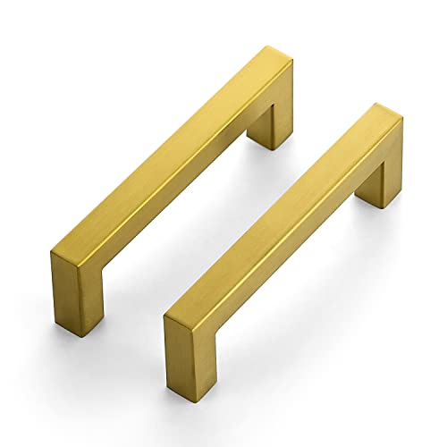 Ravinte 30 Pack 4 Inch Square Cabinet Handles, Brushed Brass Finish, Stainless Steel Kitchen Hardware Pulls with 4" (102mm) Hole Center for Cabinets, Gold