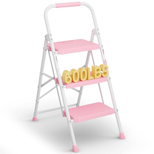 BONTEC 3-Step Ladder, Folding Step Stool, 600lbs Max Load Capacity, Sturdy Steel, Non-Slip Pedals, Lightweight, Portable Steel Ladder with Convenient Handrail, Safety Design for Home & Work, Pink