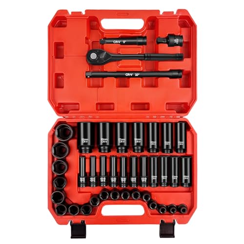 WETT 1/2" Drive Impact Socket Set, 40Pcs Metric Socket Wrench Set (8-32mm), Heavy Duty Standard Sockets Assortment, Deep/Shallow, 1/2-Inch Ratchet Handle, 5", 10" Extension Bar, Universal Joint
