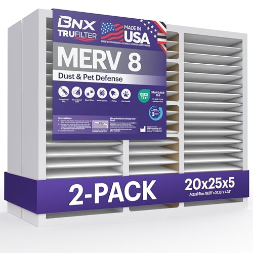 BNX TruFilter 20x25x5 (19.88 x 24 75 x 4.38 Honeywell Compatible 4) MERV 8 Air Filter (2-Pack) - MADE IN USA - Air Conditioner Furnace Filters for Dust, Pet, Mold, Pollen MPR 600  700 & FPR 5