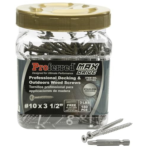 Proferred MAX Drive Professional Decking & Outdoor Wood Screws, Stainless Steel, #10 X 3-1/2", 6 Lobe 25 Drive (3 LBS, 180 pcs with 1 Bit in Jar), V57103