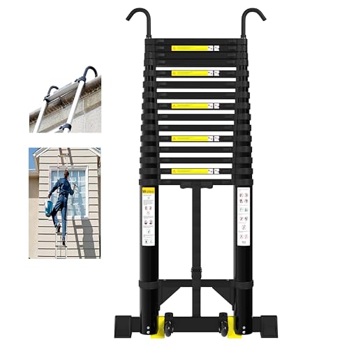 Telescoping Ladder, 19FT Aluminum Portable Extension Ladder w/Hooks, Stabilizers& Wheels, Heavy Duty 330lbs Max Capacity, Collapsible Telescopic Ladder for Rv, Roof, Attic, Outdoor -Black