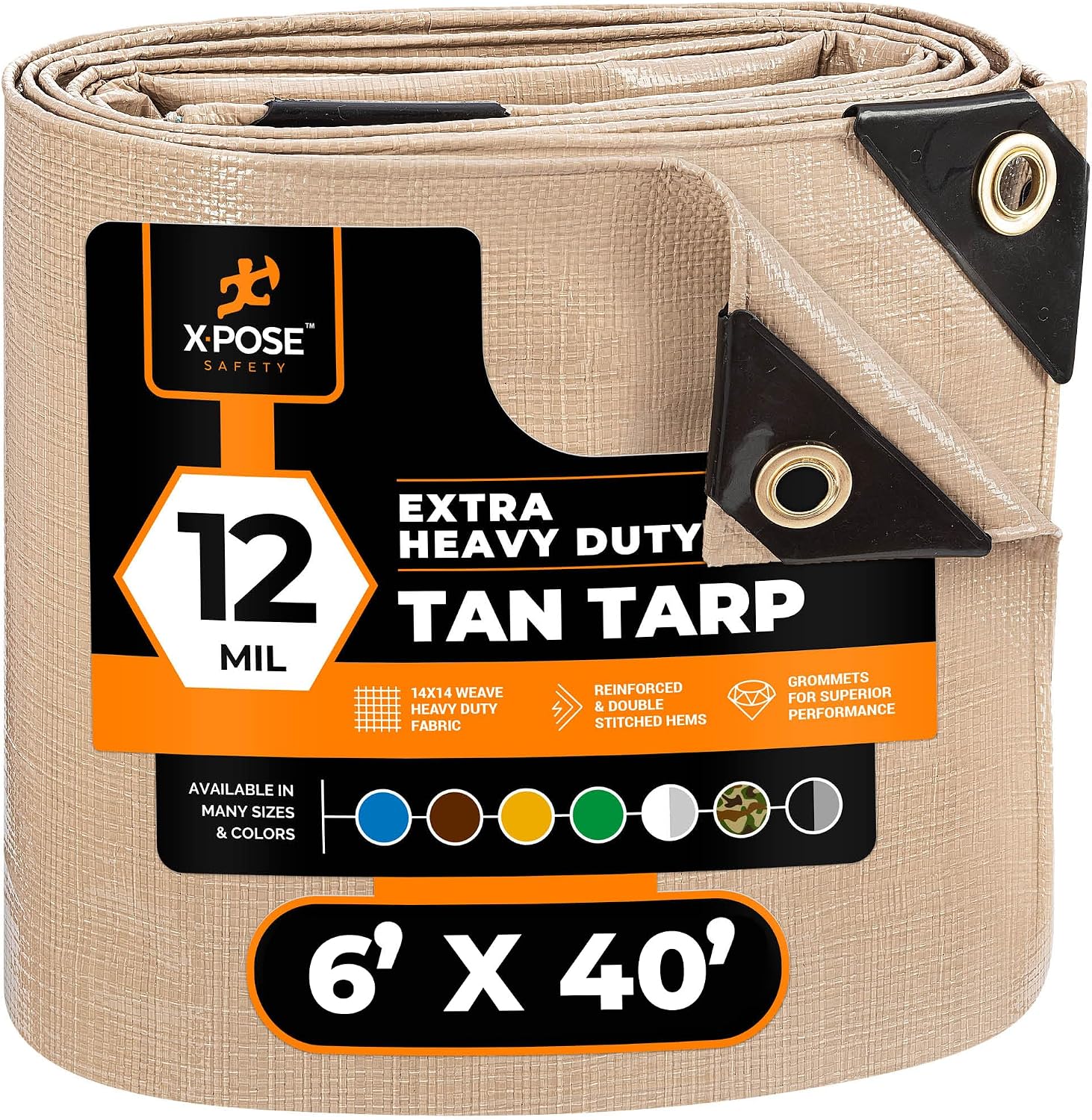 Heavy Duty Tan Poly Tarp 6' X 40' - Multipurpose Protective Cover - Durable, Waterproof, Weather Proof, Rip and Tear Resistant - Extra Thick 12 Mil Polyethylene - by Xpose Safety