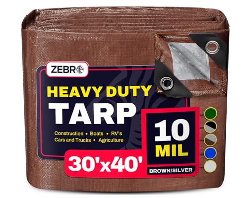 30' x 40' Brown/Silver Heavy Duty Tarp with Grommets Reinforced - 10 Mil Thick - Double Sided Plastic Waterproof Tarps - Large Tarpaulin Cover for Outdoor Camping Tent Tarp RV Roof Rain - Zebro