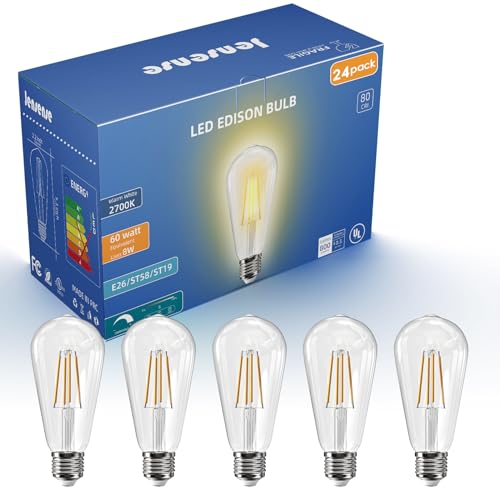 Jensense Edison LED Light Bulbs 8Watt Dimmable, 2700K Warm White, E26 Base, 60W Equivalent, Vintage Style, 800lm, CRI 90, Clear Glass, 24 Pack
